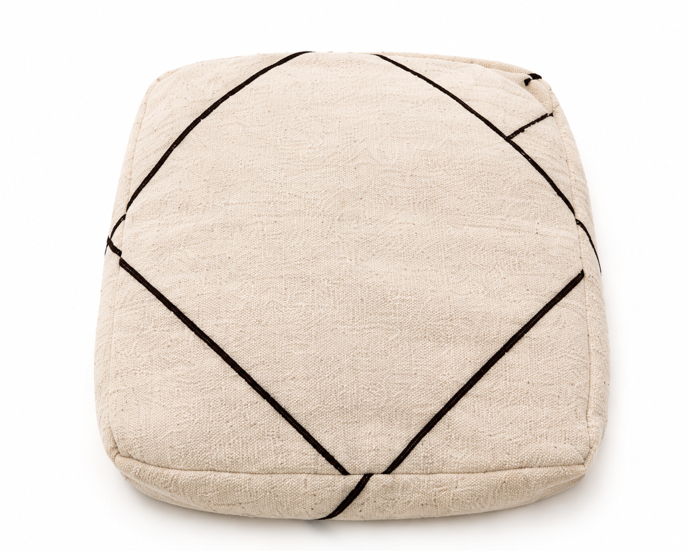 Beige pouf with black geometric lines on a white background