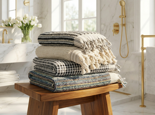 Handwoven Premium Cotton Towels Black, White Stripe- Spa Style
