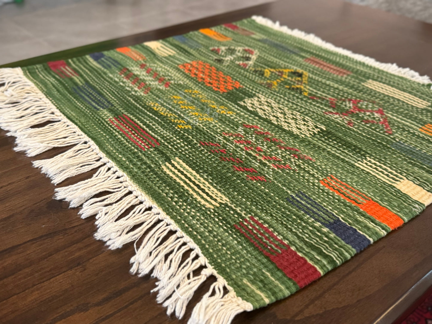 Handmade Moroccan Accent Rug – Green Geometric Patterns | 24" × 21"