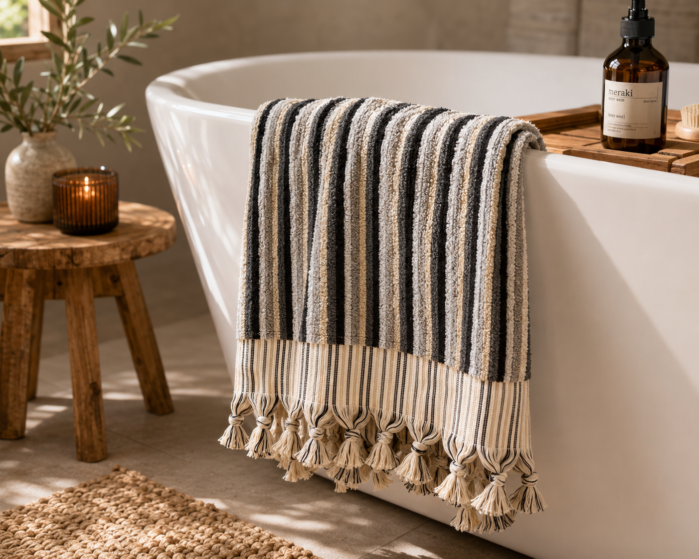 Handwoven Premium Cotton Towels Black, White Stripe- Spa Style