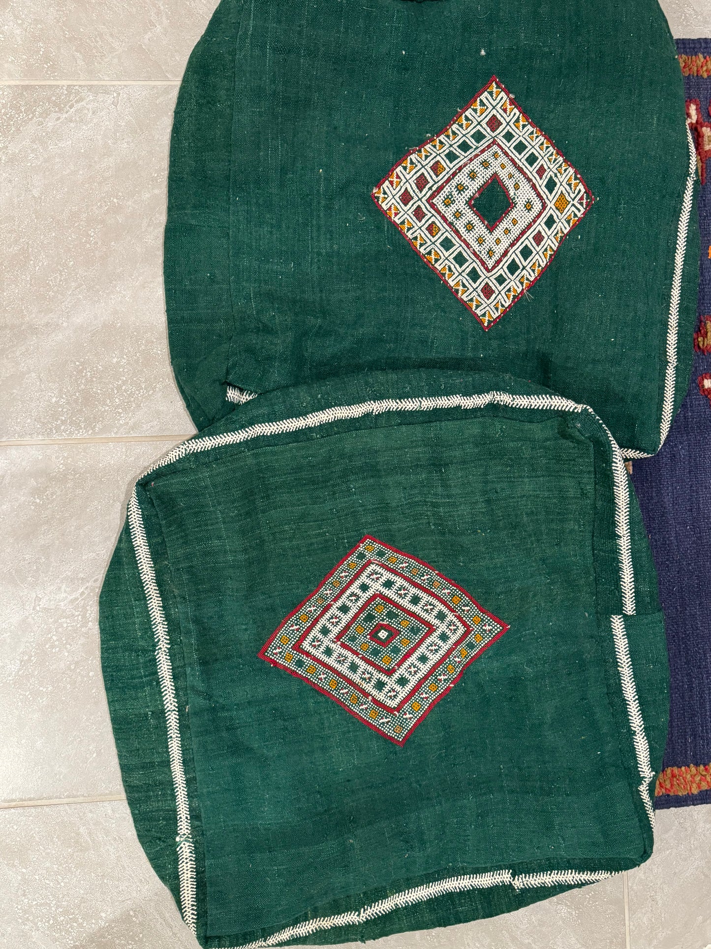Vintage Moroccan Green Pouf Set