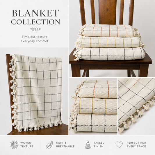 Collage of plaid blankets with tassels on wooden chairs, featuring text about the blanket collection.