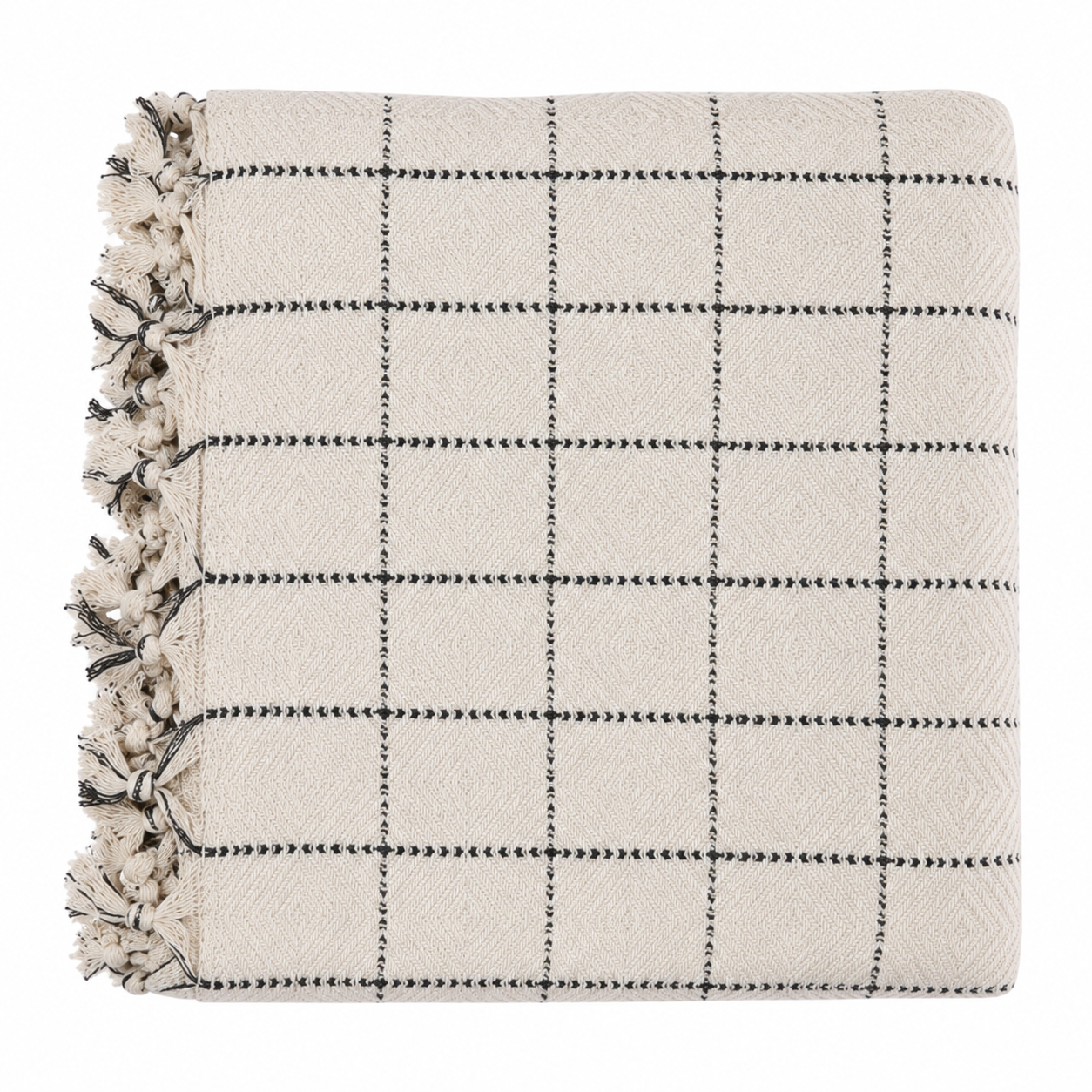 Beige checkered blanket with black lines and tassels on a white background