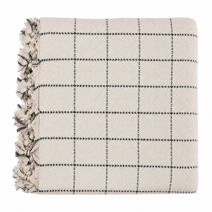Beige checkered blanket with black lines and tassels on a white background