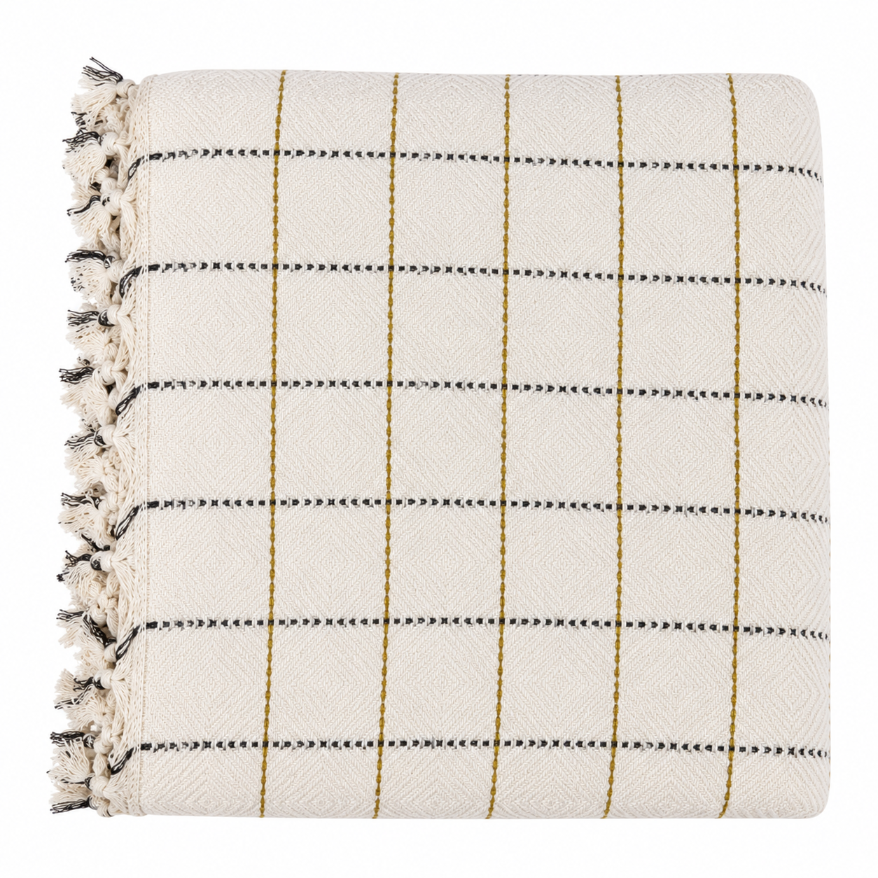 White blanket with black and yellow striped pattern and tassels on a white background