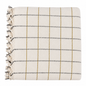 White blanket with black and yellow striped pattern and tassels on a white background