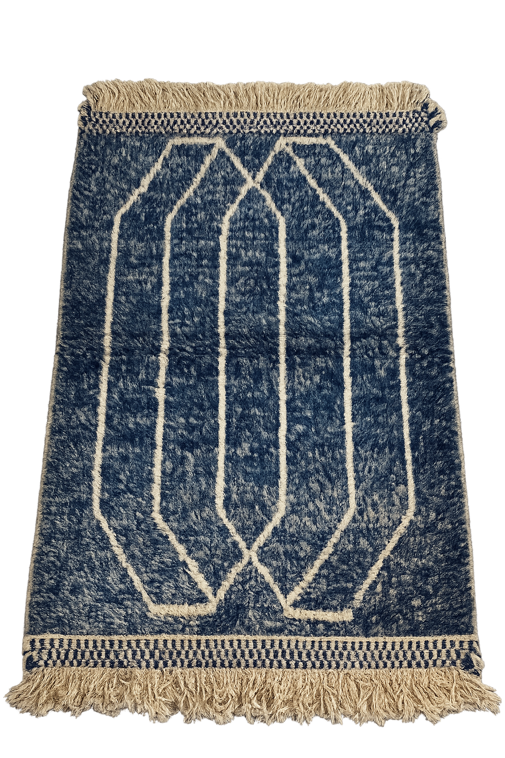 Moroccan Handwoven wool blue kilim with geometric pattern and beige fringe. SKU: MK-1001 Size:44in(11cm)x30in (74cm)