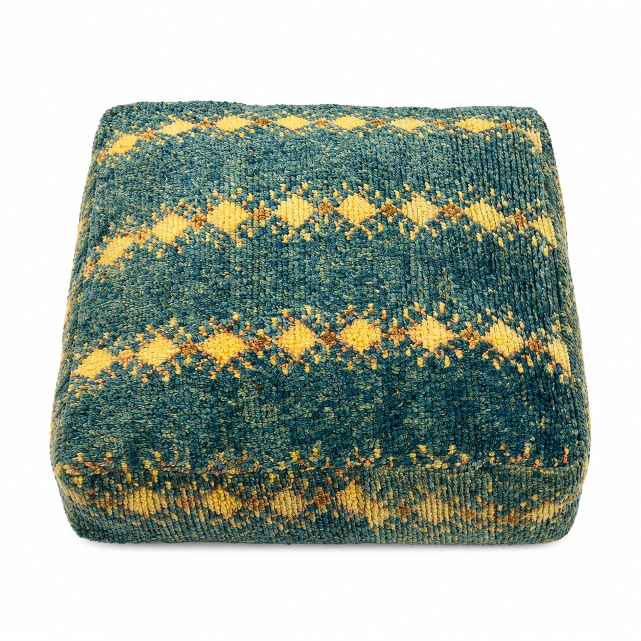 Textured square pillow with blue and yellow pattern on a white background