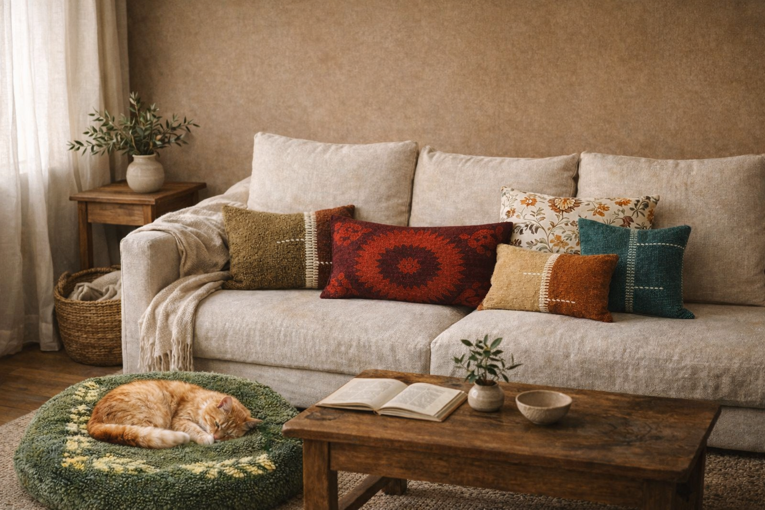 Cozy living room with a beige sofa, colorful pillows, and a cat on a green cushion.