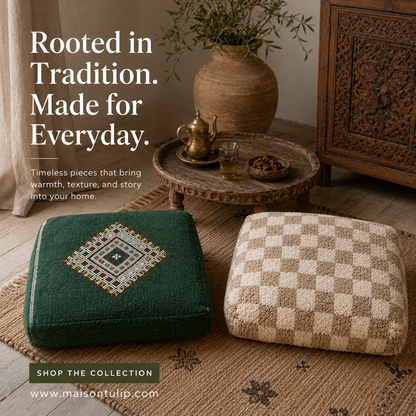 Vintage Moroccan Green Pouf Set