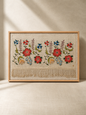Framed embroidered artwork with floral patterns on a beige background