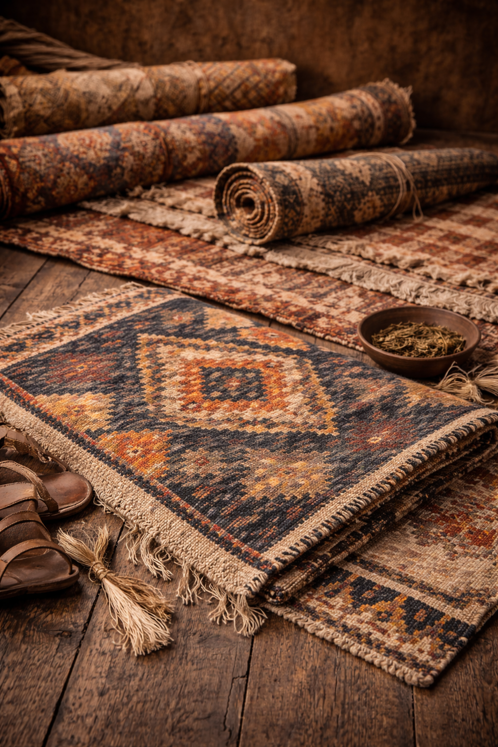 Collection of patterned rugs on a wooden floor with a rustic ambiance.