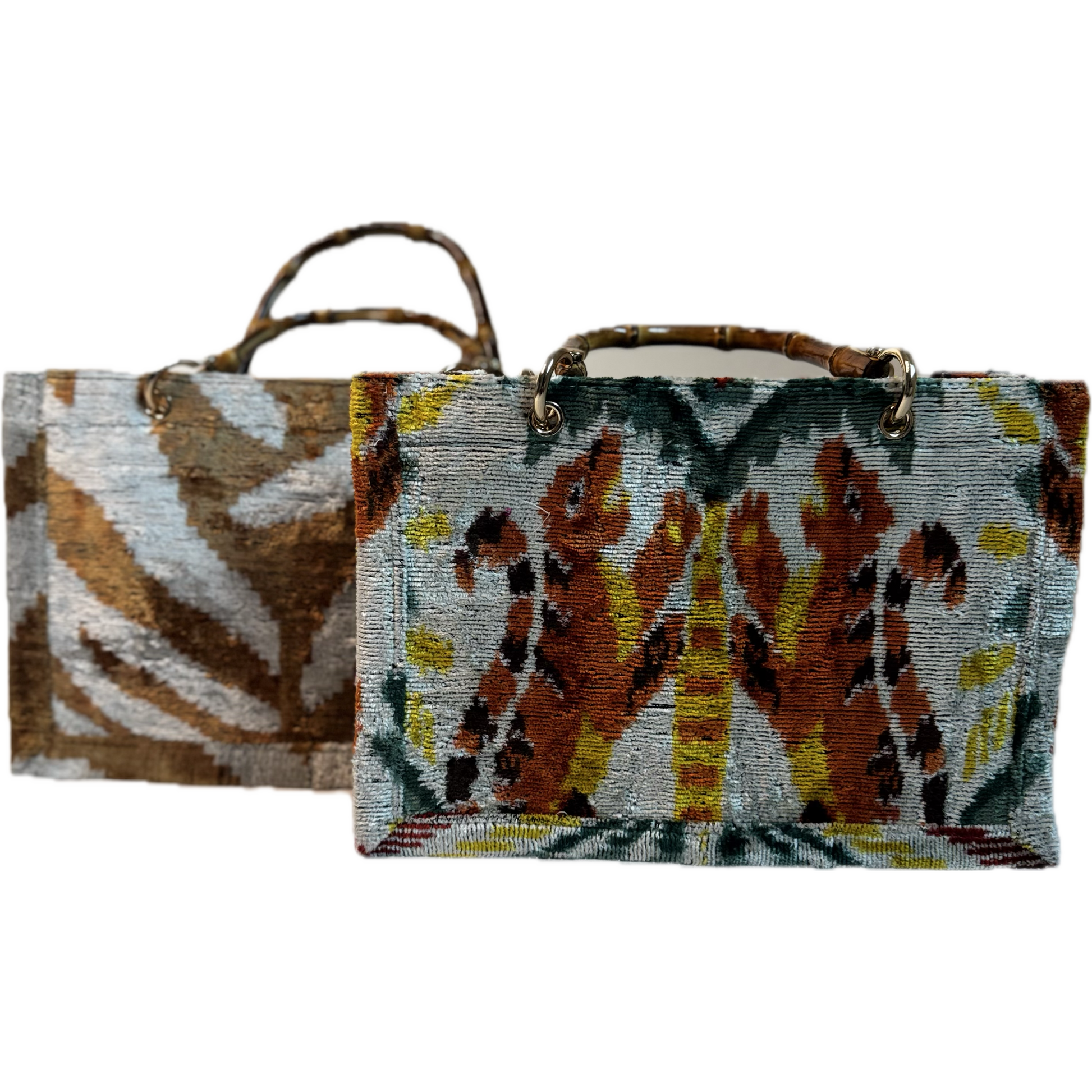 Two woven bags with animal pattern designs on a white background