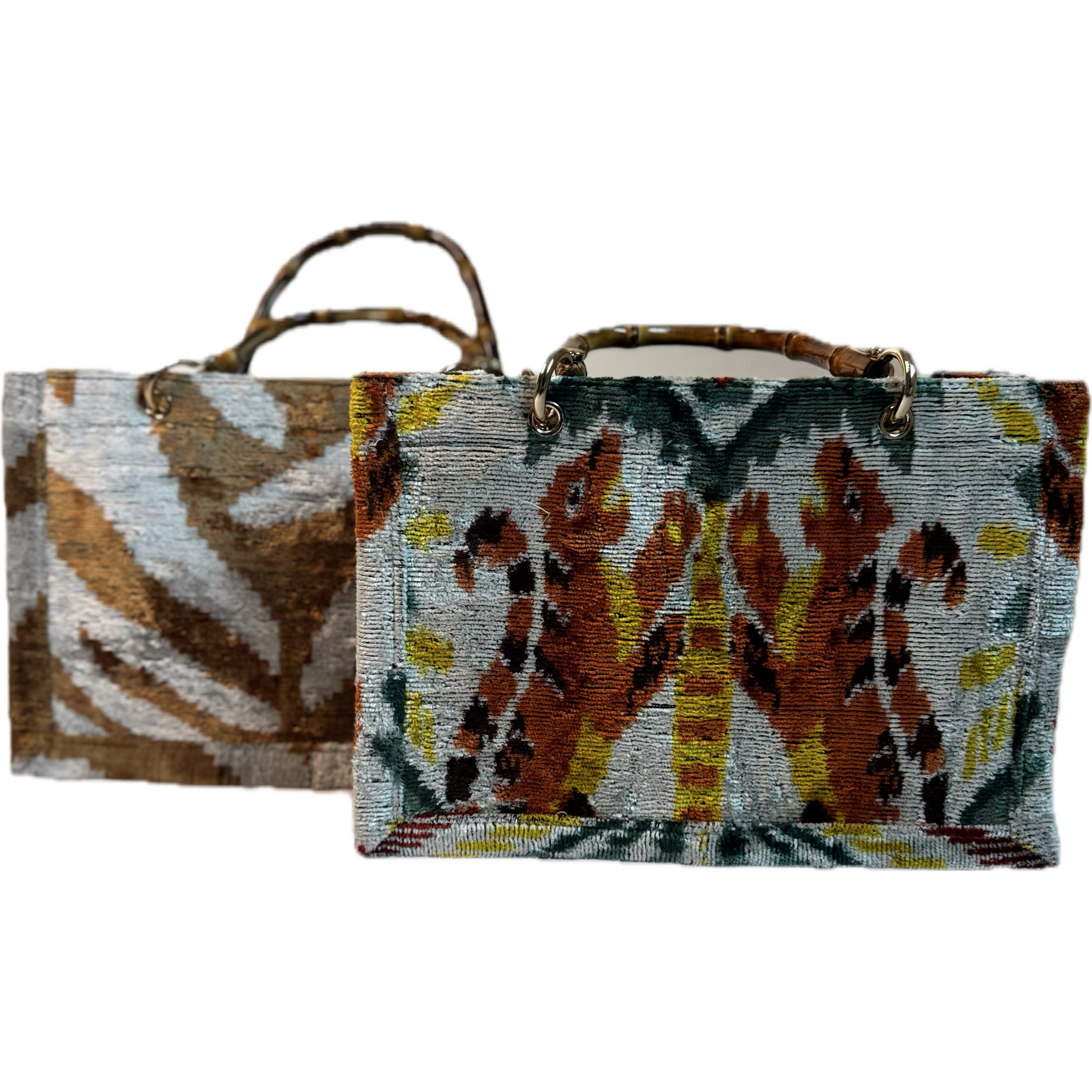 Two woven bags with animal pattern designs on a white background