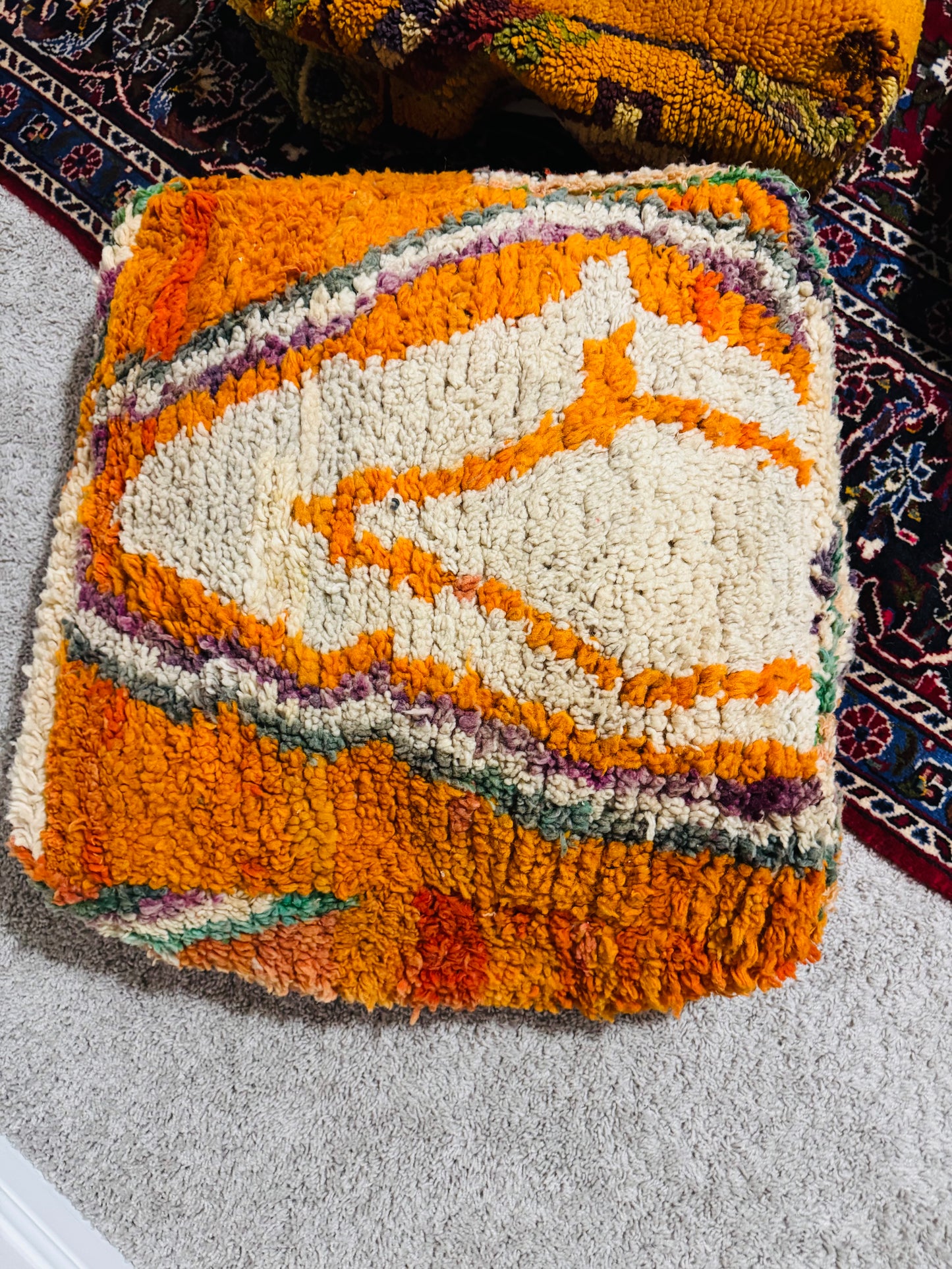 Vintage Moroccan Pouf Colorful 25in x25in