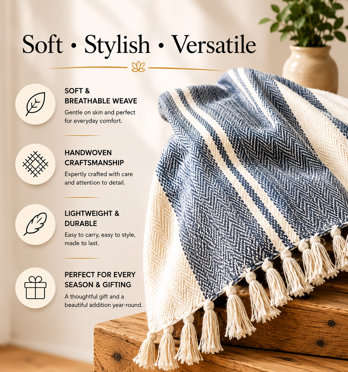 Striped Herringbone Premium Cotton Throws- Soft Everyday Luxury