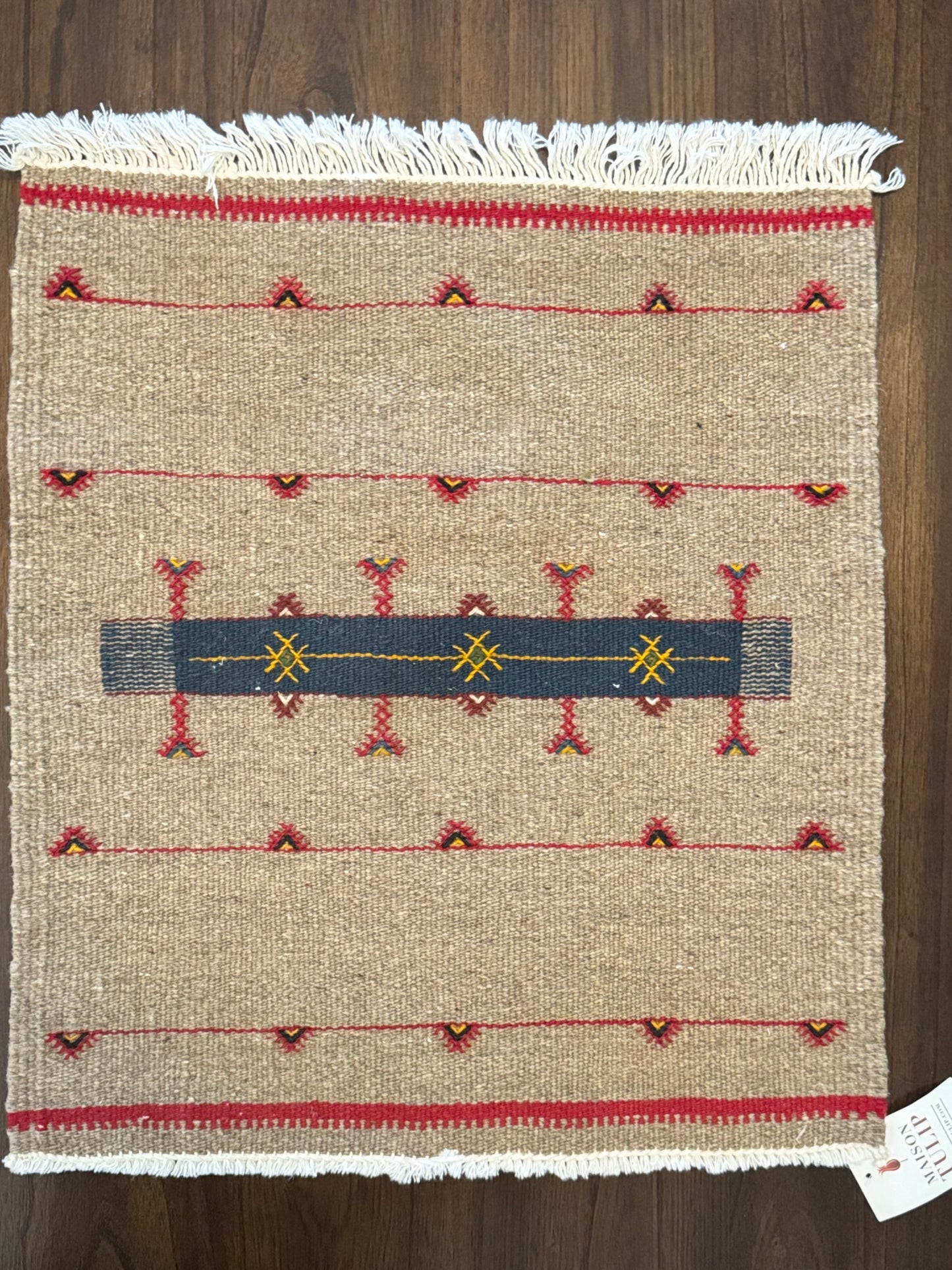 Handmade Moroccan Accent Rug – Natural and Red | 22" × 19"