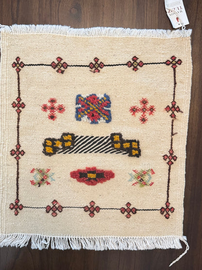 Handmade Moroccan Accent Rug –Ivory Berber Geometric Patterns | 22" × 20"