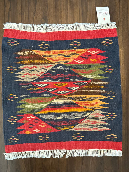 Handmade Moroccan Accent Rug –Blue Red Berber Geometric Patterns | 22" × 20"