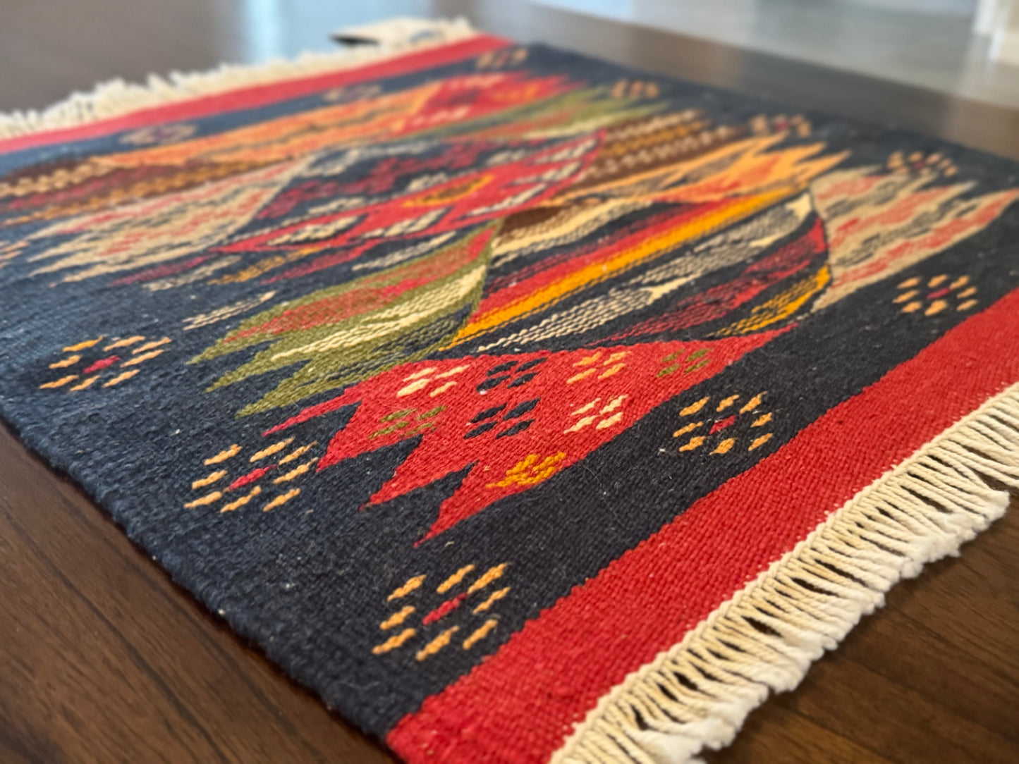 Handmade Moroccan Accent Rug –Blue Red Berber Geometric Patterns | 22" × 20"