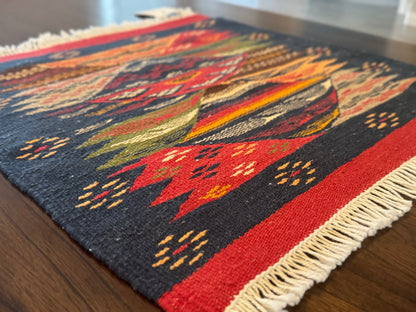 Handmade Moroccan Accent Rug –Blue Red Berber Geometric Patterns | 22" × 20"