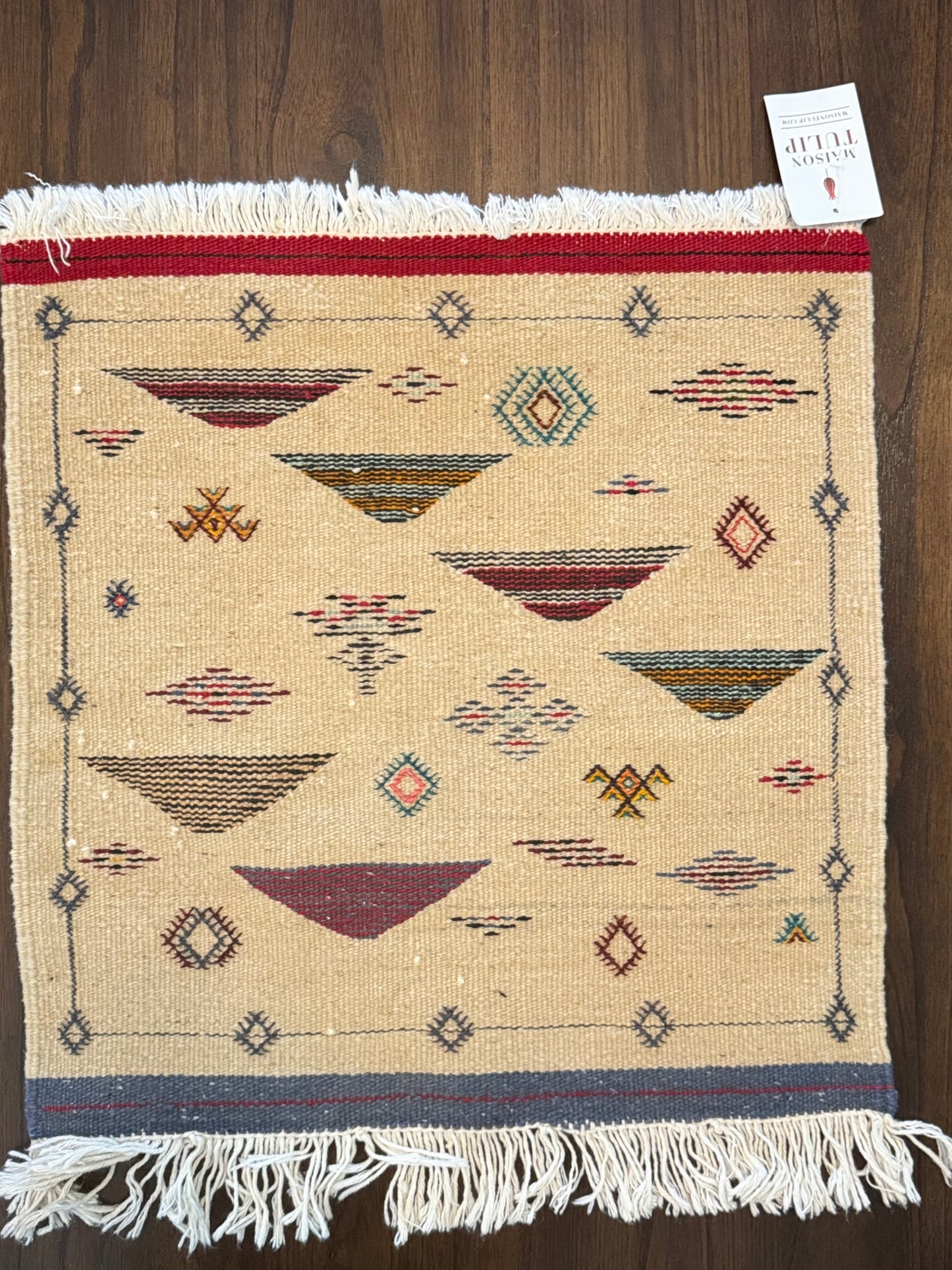 Handmade Moroccan Accent Rug –Beige Blue Berber Geometric Patterns | 20" × 18"