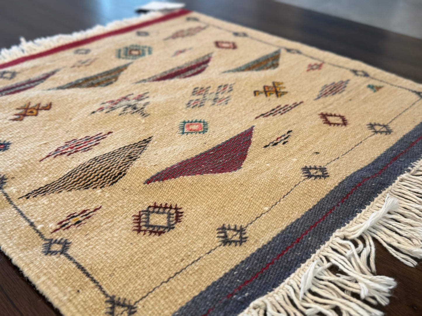 Handmade Moroccan Accent Rug –Beige Blue Berber Geometric Patterns | 20" × 18"