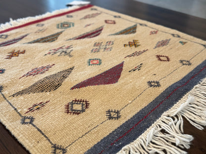 Handmade Moroccan Accent Rug –Beige Blue Berber Geometric Patterns | 20" × 18"