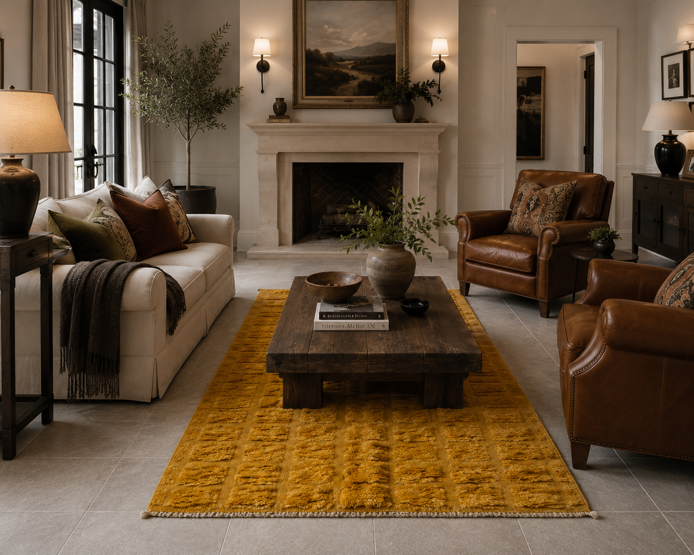 A styled living room featuring a prominent mustard yellow textured area rug under a dark wood coffee table, flanked by a cream sofa and brown leather armchairs.