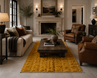 A styled living room featuring a prominent mustard yellow textured area rug under a dark wood coffee table, flanked by a cream sofa and brown leather armchairs.
