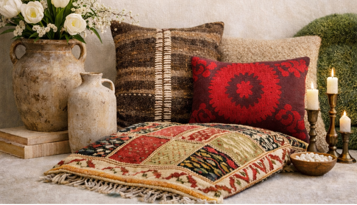 Decorative setting with pillows, flowers, and candles on a textured surface, featuring 'Maison Tulip' event details.