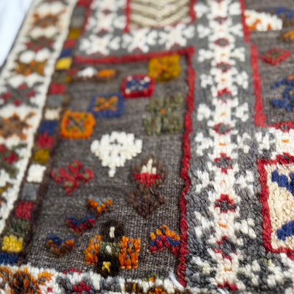 Close-up of an embroidered fabric with intricate patterns and colors.