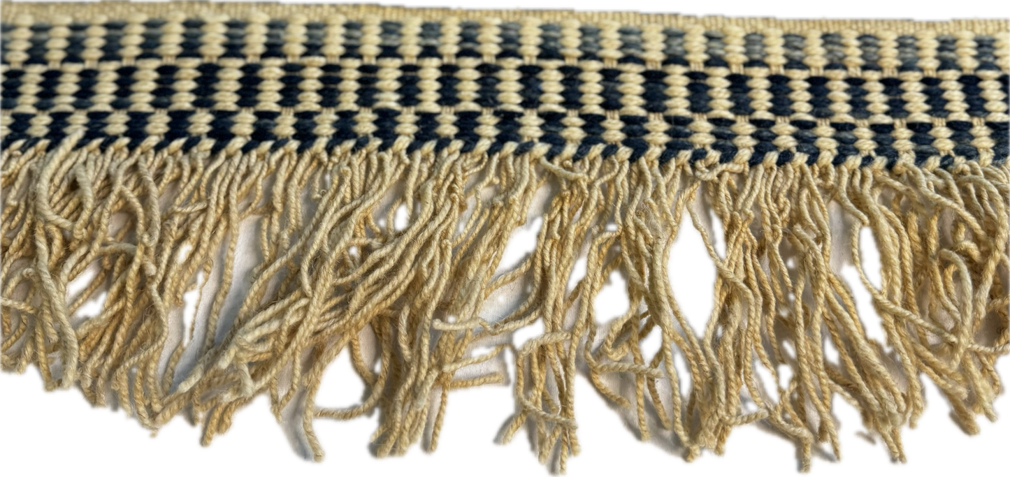 Textile trim with braided pattern and fringes on a white background