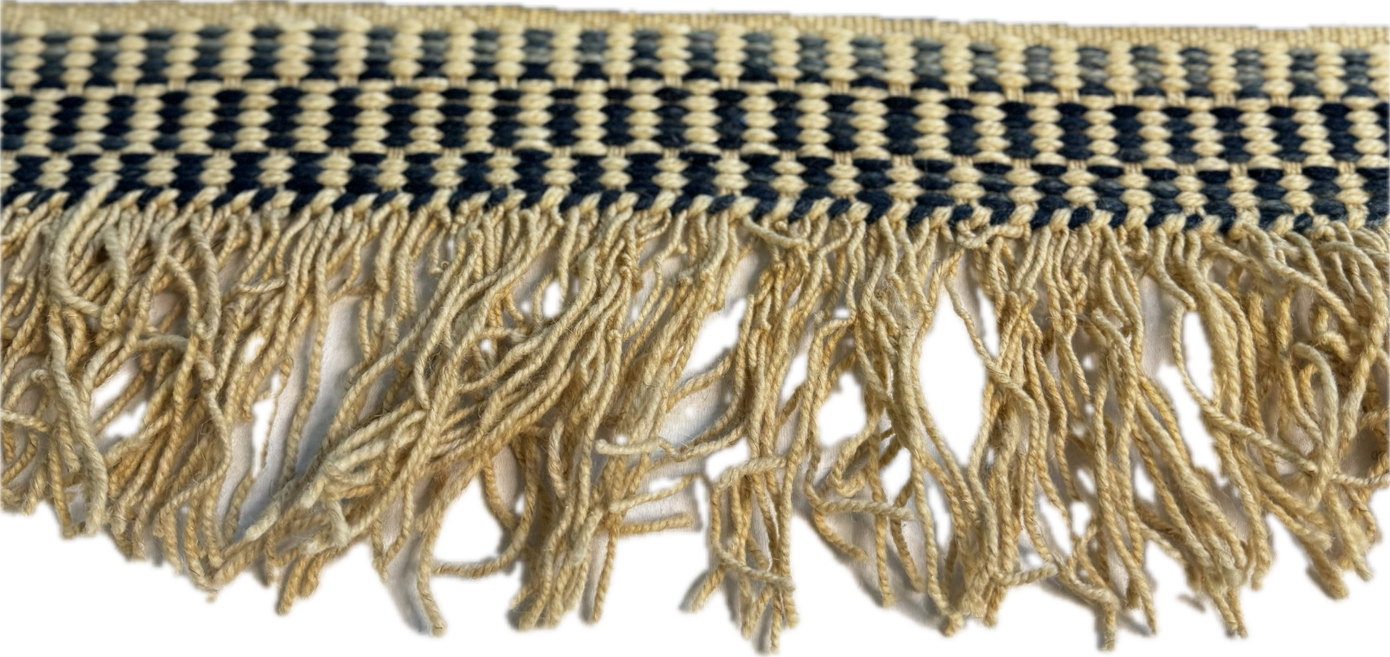 Textile trim with braided pattern and fringes on a white background