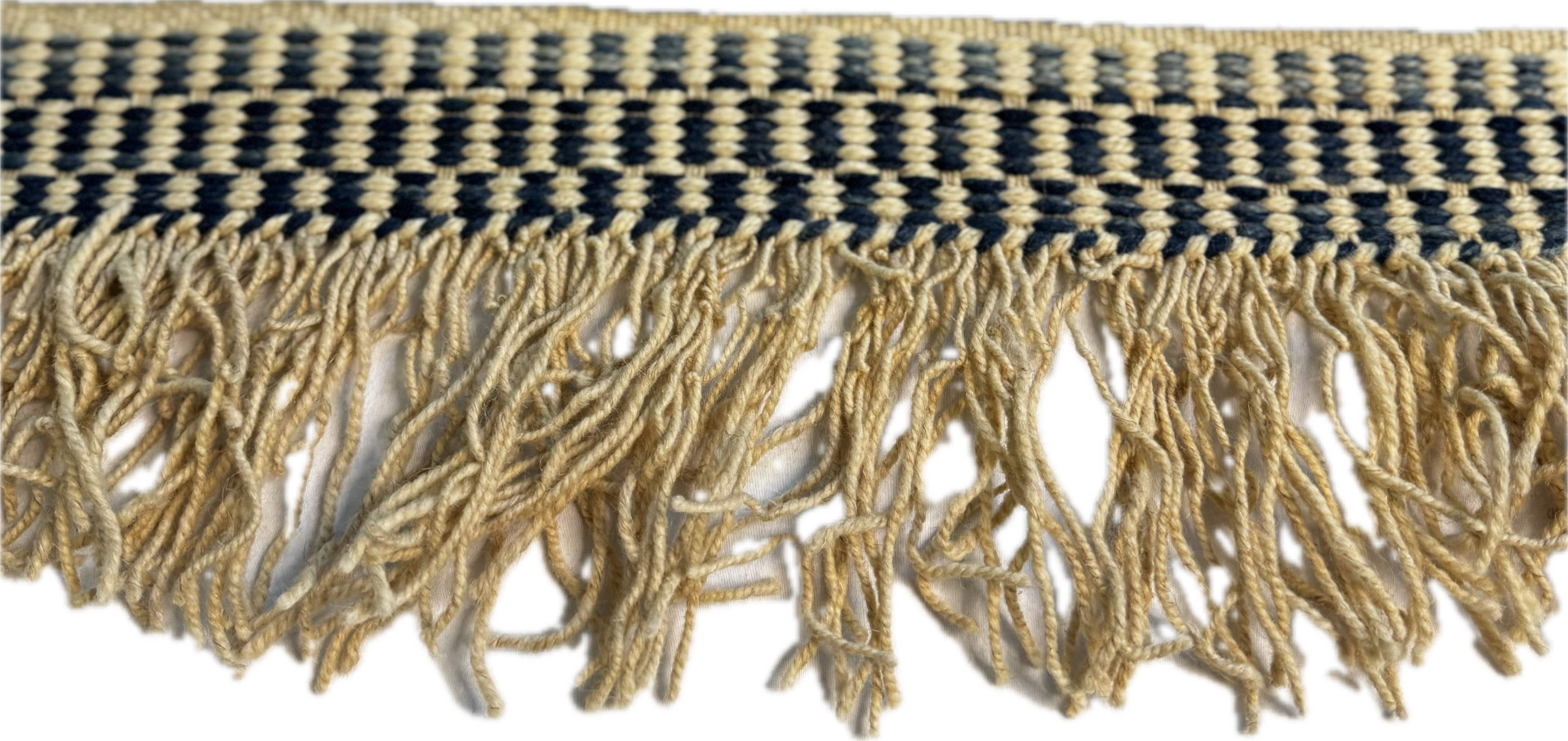 Textile trim with braided pattern and fringes on a white background