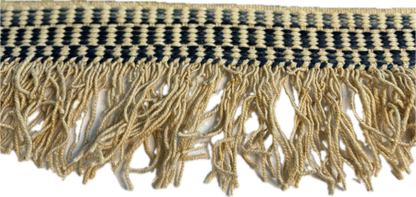 Textile trim with braided pattern and fringes on a white background