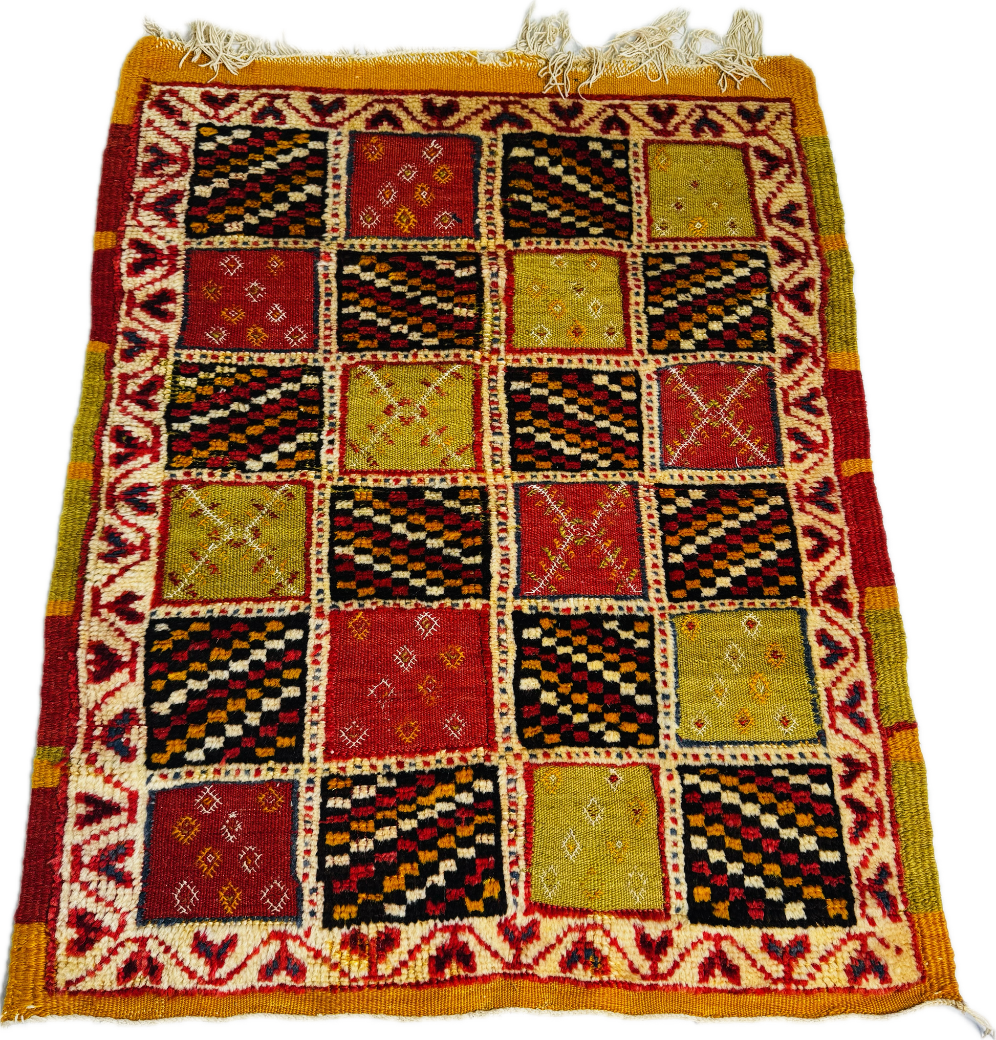 Colorful Taznakht patterned 100% wool kilim with geometric designs on a white background