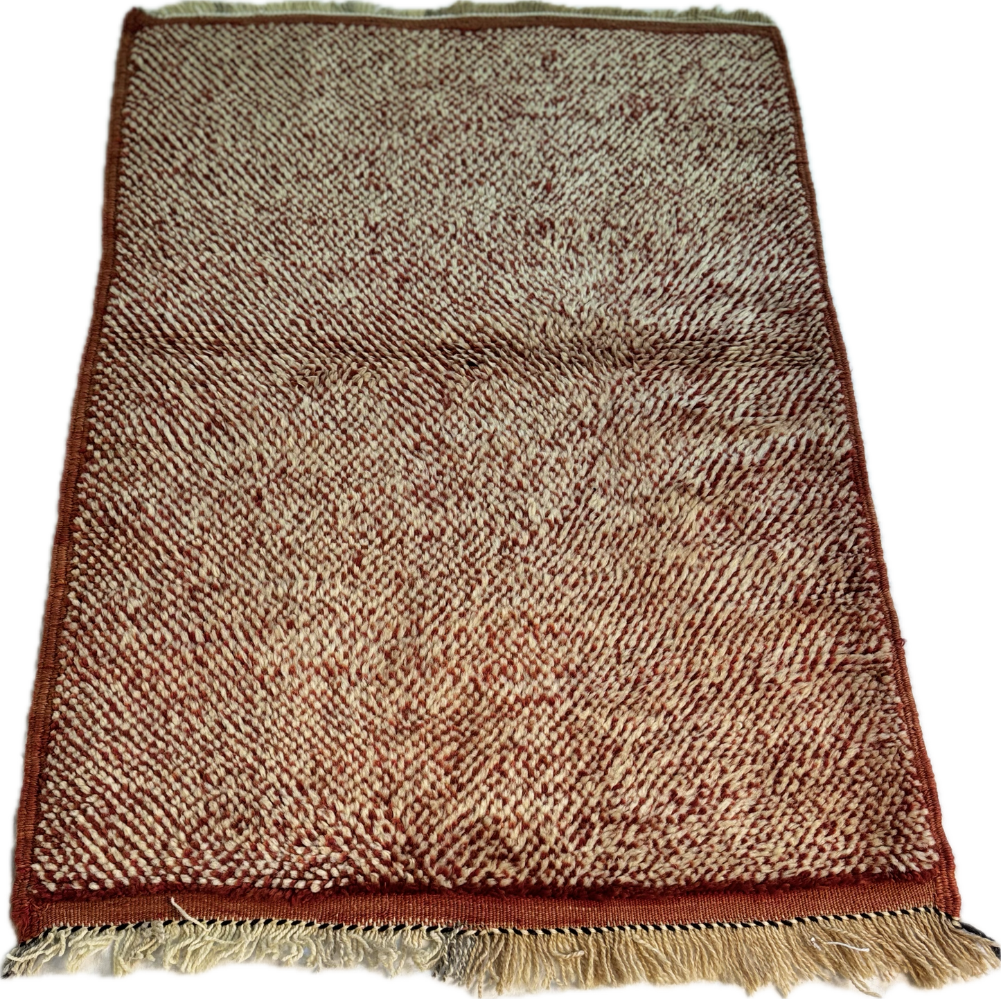 Textured Moroccan handwoven wool kilim  with a red and beige pattern on a white background Size: 40in (99cm) 31.5in (75cm )
