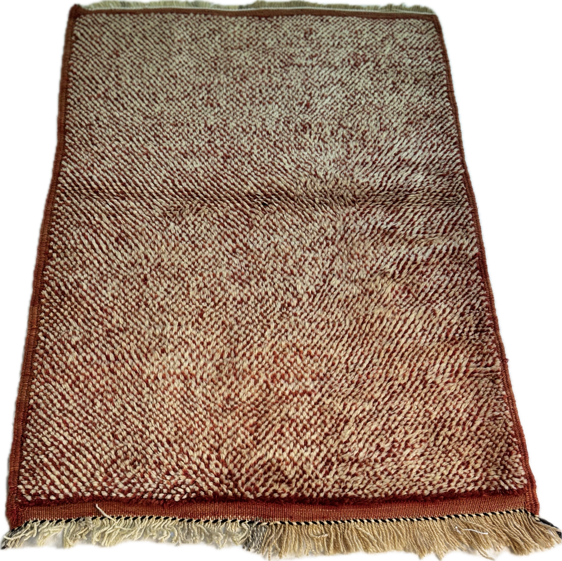 Textured Moroccan handwoven wool kilim  with a red and beige pattern on a white background Size: 40in (99cm) 31.5in (75cm )