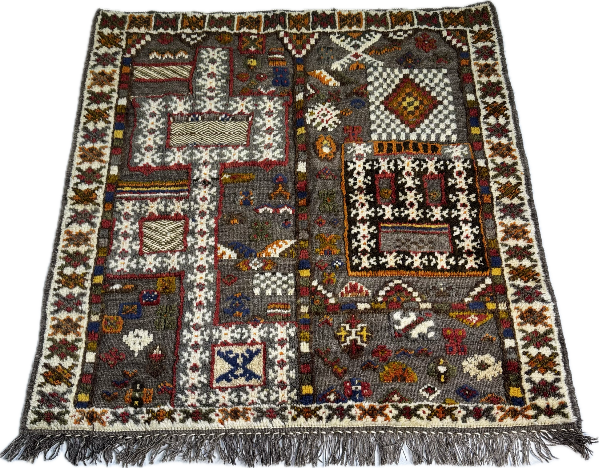 SKU:MK-1103 Handmade Moroccan Taznakht Kilim with 3 different techniques of weaving  with intricate patterns and colors on a white background. 100 % Wool, 41in (111cm)x41 in(111cm)