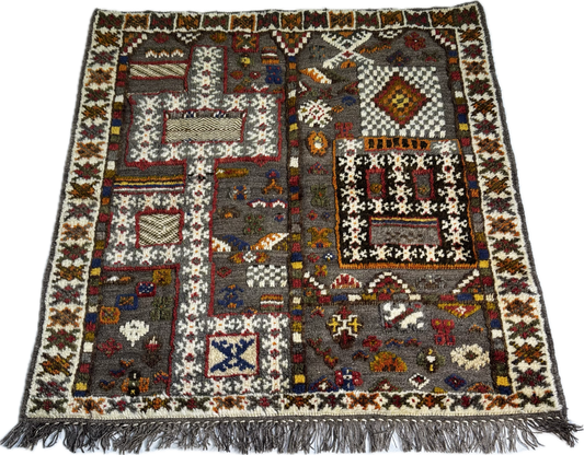 SKU:MK-1103 Handmade Moroccan Taznakht Kilim with 3 different techniques of weaving  with intricate patterns and colors on a white background. 100 % Wool, 41in (111cm)x41 in(111cm)