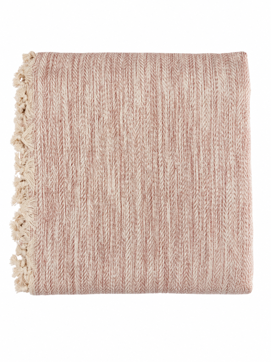 Pink textured blanket with tassels on a white background