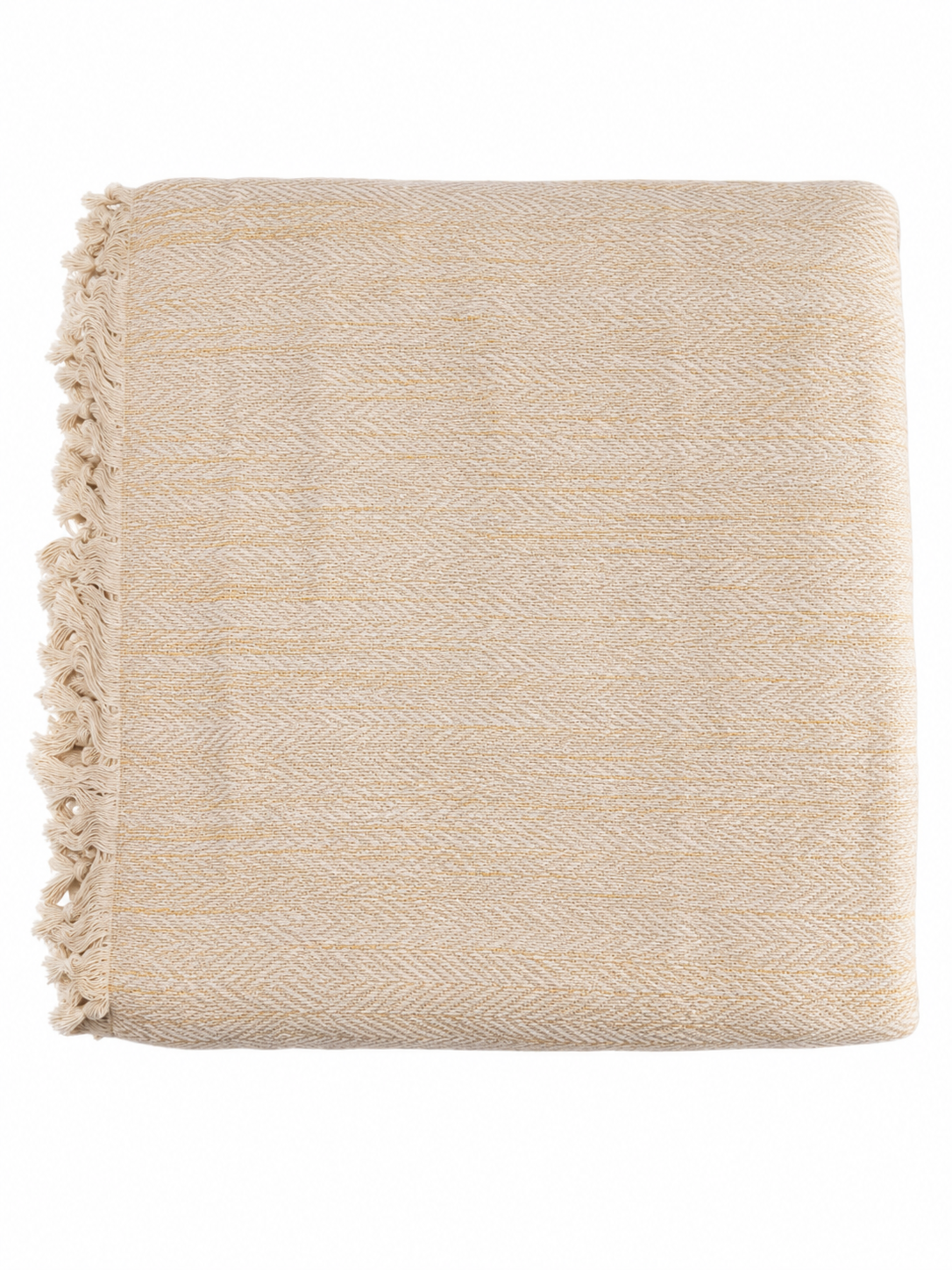 Yellow woven blanket with fringes on a white background